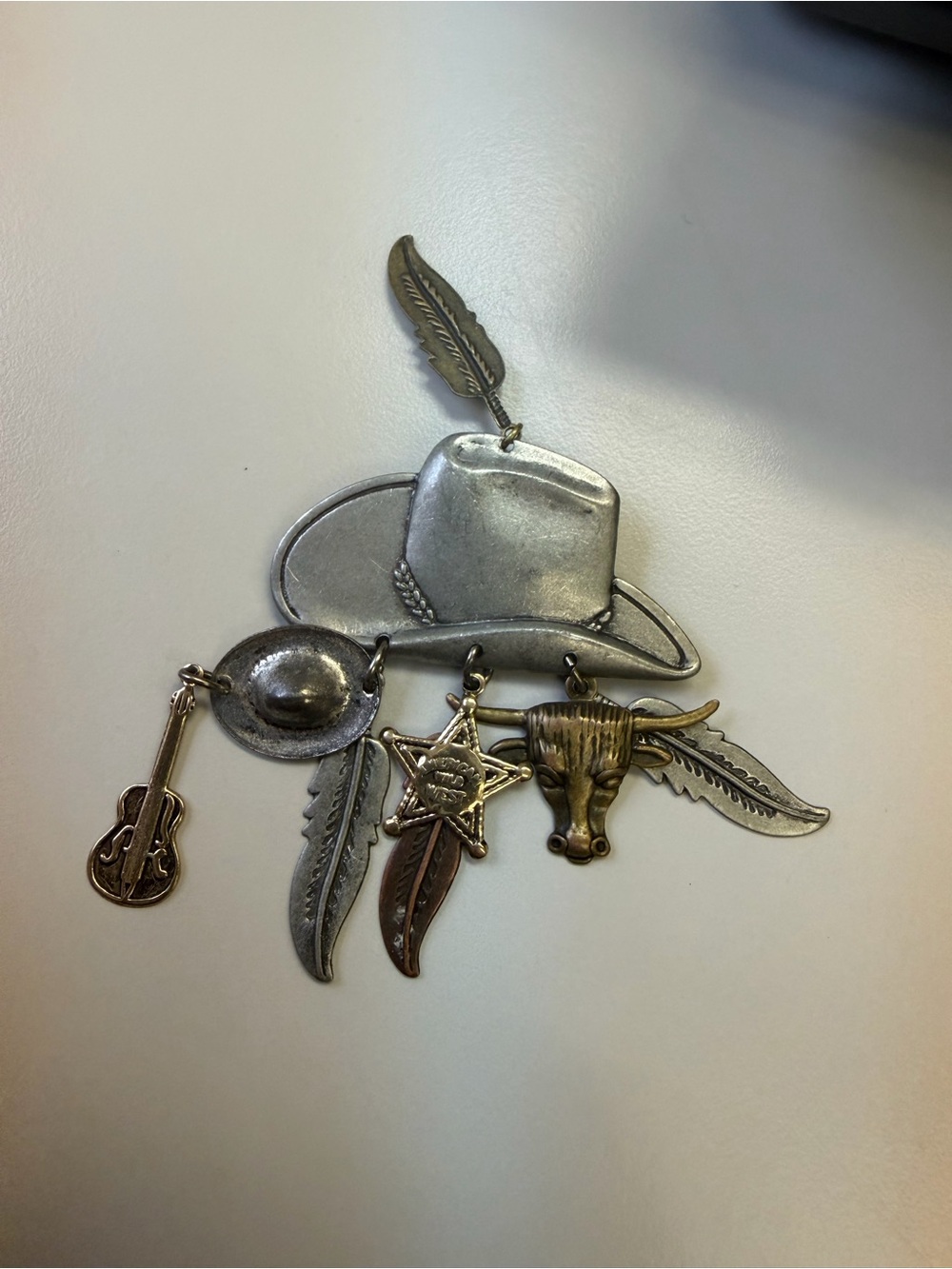 Vintage Western Cowboy Hat Dangle Brooch Longhorn Feathers Sheriff Star Guitar